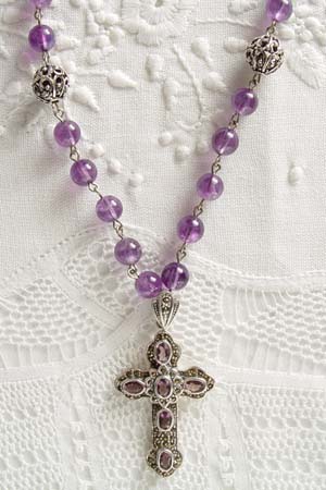 Amethyst w 2-1/4 in marcasite and amethyst inset cross