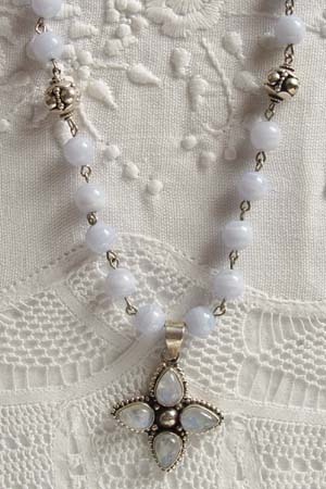 Blue Lace Agate w 1-1/4 in fiery moonstone inset cross